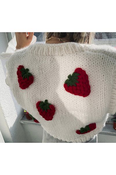 El örgüsü Hand Knitted Strawberry Detailed Women's Sweater