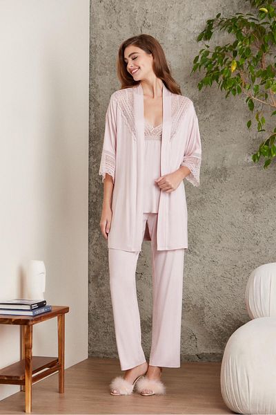 Pierre Cardin Lace Combed Cotton 3-Piece Women's Pajama Set - 2820