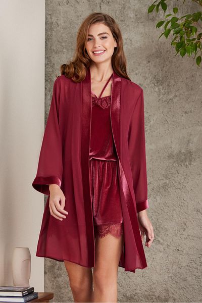 Pierre Cardin 4800 Women's Burgundy Chiffon Dressing Gown Lace Velvet Jumpsuit Set