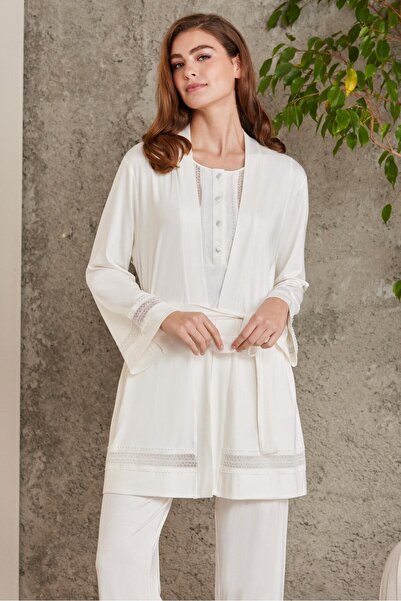 Pierre Cardin Lacy Combed Cotton 3-Piece Maternity Pajama Set - 2800 Ecru