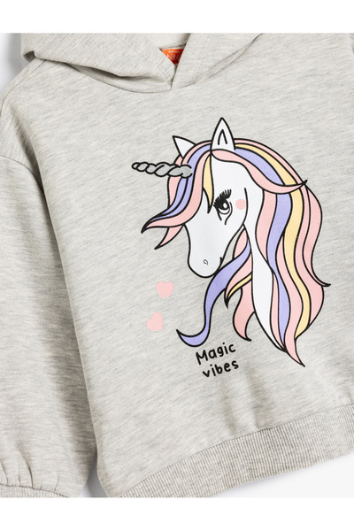 Koton Kapşonlu Sweathirt Unicorn Baskılı Uzun Kollu Şardonlu