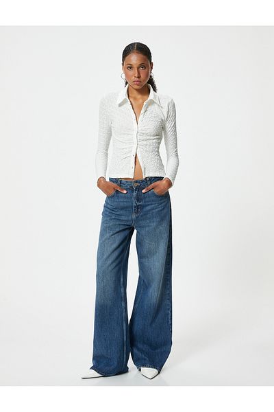 Koton Draped Textured Shirt Slim Fit Long Sleeve Wrap