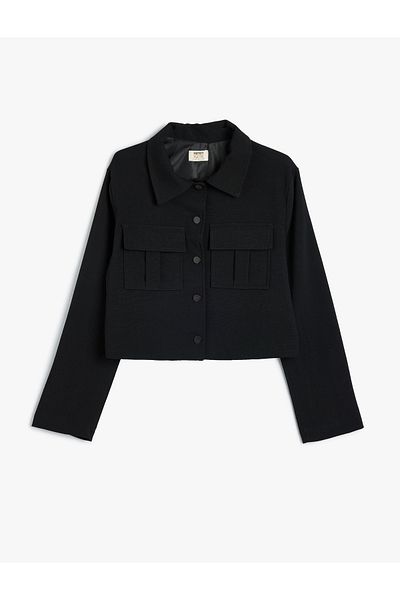 Koton Long Sleeve Snap Closure Crop Shirt Jacket - Pocket Detailed