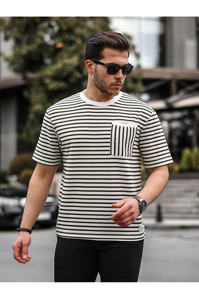 Valiberta Crew Neck Single Pocket Striped T-Shirt - Khaki