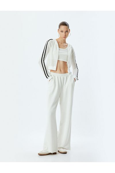 Koton Openwork Zippered Hooded Crop Sweatshirt - Stripe Detailed