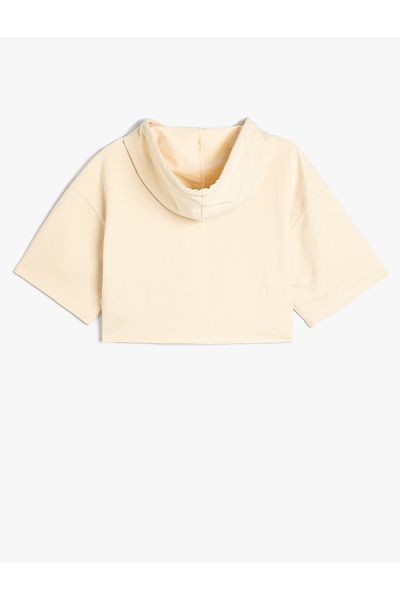 Koton Hooded Crop Sweatshirt Sports Short Sleeve Print Detailed Cotton