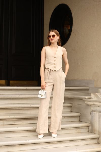 Nesil Tie Waist Lined Striped Vest Trousers Set