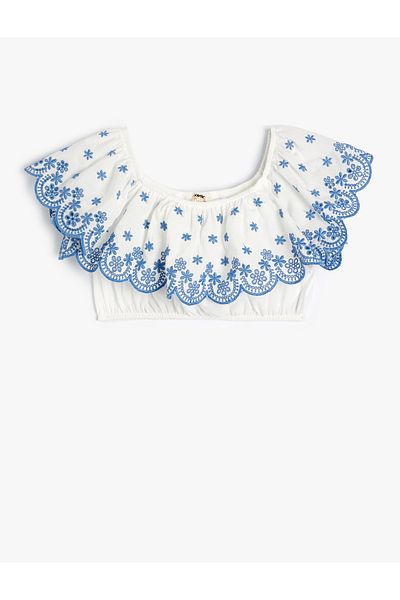 Koton Μπλούζα Crop Off Shoulder Ruffle Κεντημένη