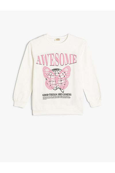 Koton Long Sleeve Cotton Sweatshirt - Butterfly Pattern, Crew Neck
