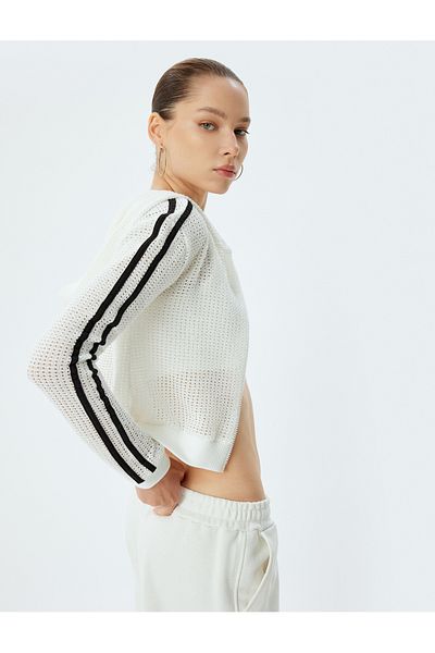 Koton Openwork Zippered Hooded Crop Sweatshirt - Stripe Detailed