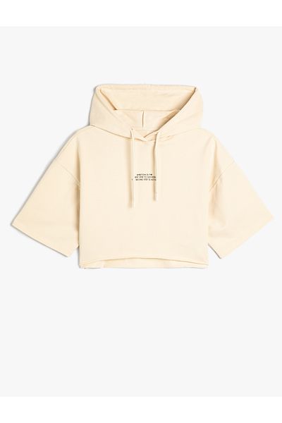 Koton Hooded Crop Sweatshirt Sports Short Sleeve Print Detailed Cotton