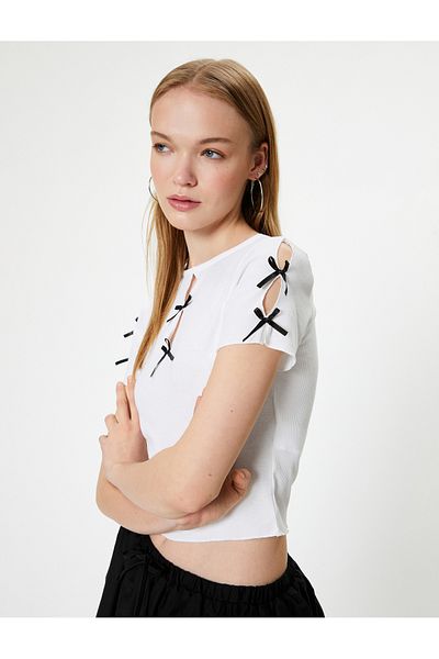 Koton Crew Neck Slim Fit T-Shirt - Bow and Window Detail, Short Sleeve