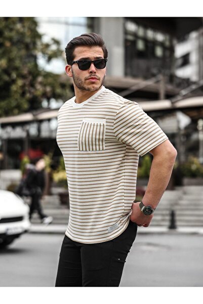 Valiberta Ριγέ μπλουζάκι Crew Neck με μονή τσέπη - Μπεζ