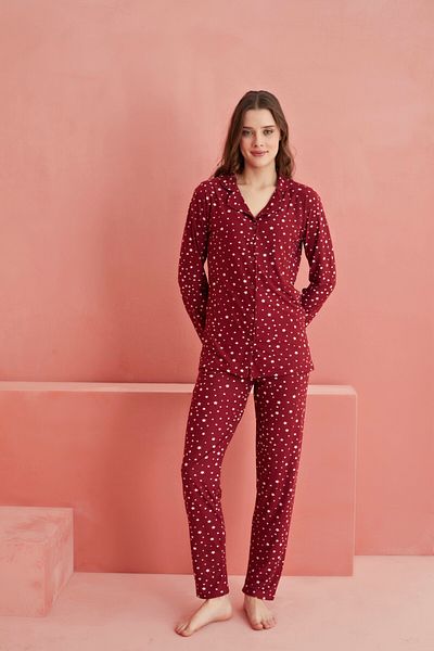 ELİTOL Set de pijamale din piele intoarsa cu nasturi in fata cu model stea rosie Claret