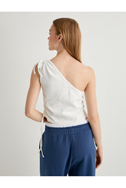 Koton Tek Omuz Üst France Baskılı Fiyonk Detaylı Büzgülü Slim Fit