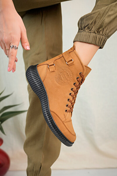 Deri Diyarı Hakiki Deri Camel Nubuk Fermuarlı Günlük Bağcıklı Kısa Kadın Bot / Bootie