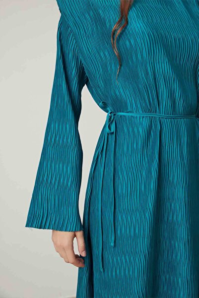Hooopstore Petrol Color Textured and Detailed Satin Dress