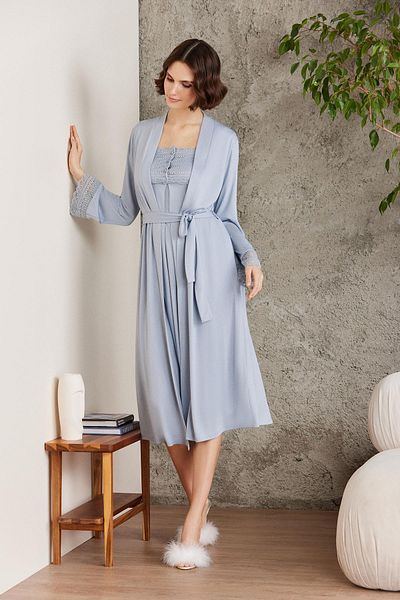 Pierre Cardin Set cămașă de noapte și halat din dantelă din bumbac pieptănat - 4005