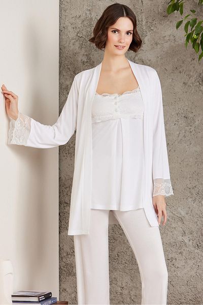 Pierre Cardin Lacy Combed Cotton 3-Piece Maternity Pajama Set - 2805 Ecru