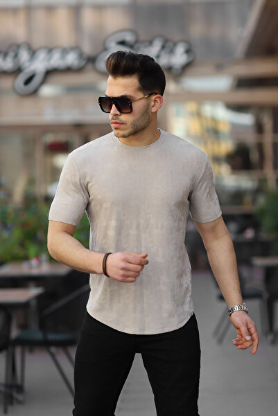 Valiberta Jacquard Patterned Crew Neck T-shirt - Beige