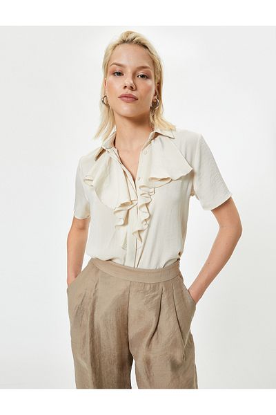 Koton Satin Regular Fit Shirt - Ruffle Collar, Short Sleeve, Aerobin Fabric