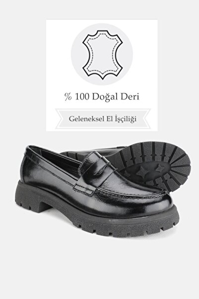 TUNAELLİ KADIN SİYAH RUGAN HAKİKİ DOĞAL DERİ 36-41 NUMARA LOAFER AYAKKABI