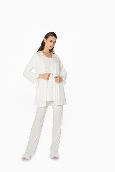 Pierre Cardin Dantelli Penye 3'lü Kadın Pijama Takımı 3050 - Ekru