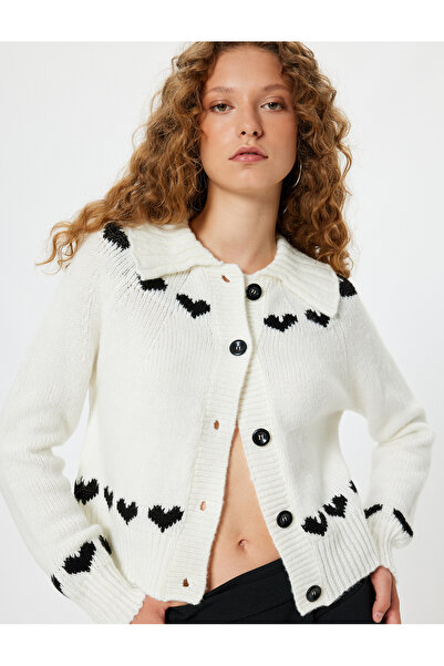 Koton Cardigan de tricotaj cu model de inimă - guler cămașă, nasturi, mânecă ...