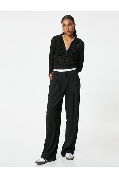 Koton Tricou Crop Slim Fit Glitter - Glugă cu fermoar, mânecă lungă