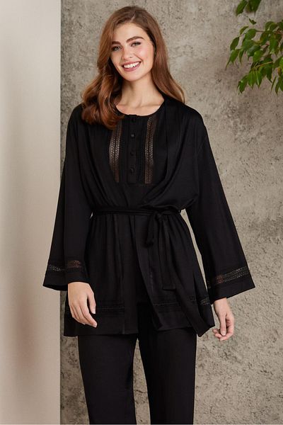 Pierre Cardin Lacy Combed Cotton 3-Piece Maternity Pajama Set - 2800 Black