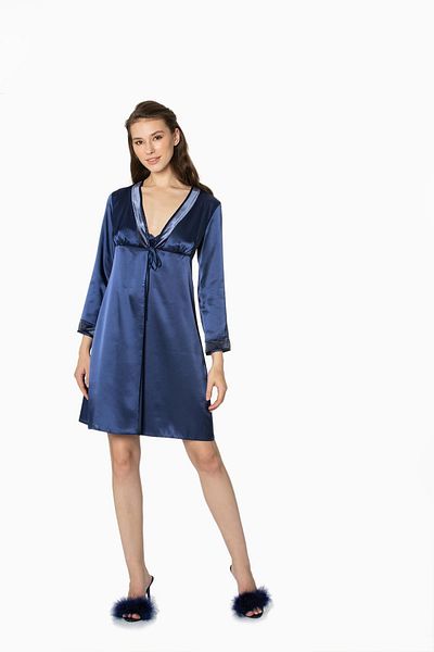 Pierre Cardin Velvet Satin Women's Nightgown and Dressing Gown Set - 4040 Navy Blue