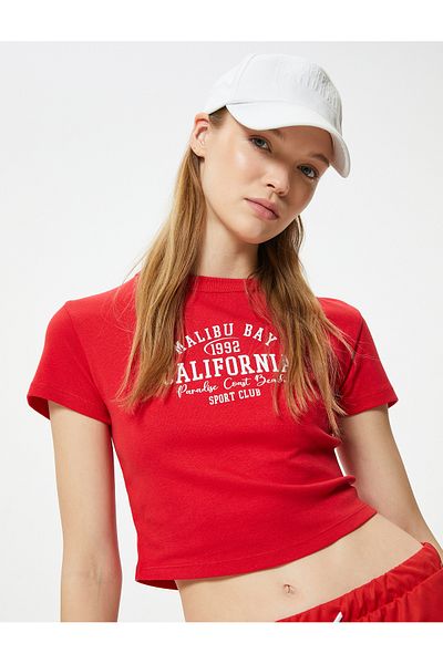 Koton College Printed Crop T-Shirt - Short Sleeve, Slim Fit, Crew Neck