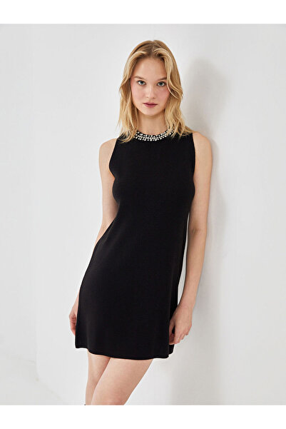 LC Waikiki Black Crew Neck Stone Women's Knitwear Dress