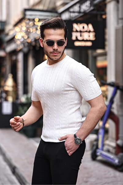 Valiberta Πλεκτό T-Shirt με λαιμόκοψη με πλεξούδα μαλλιών - Λευκό