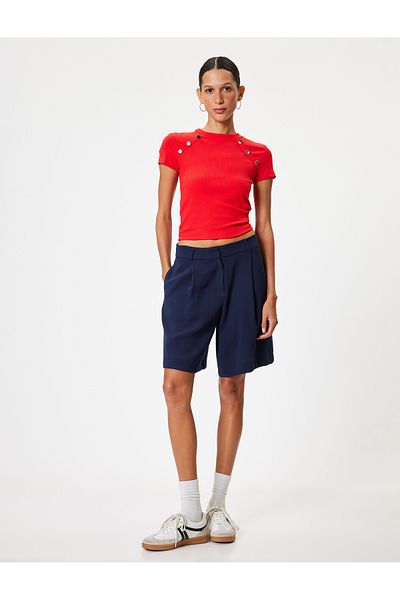 Koton Crew Neck Slim Fit Textured T-Shirt - Button Detail, Short Sleeve