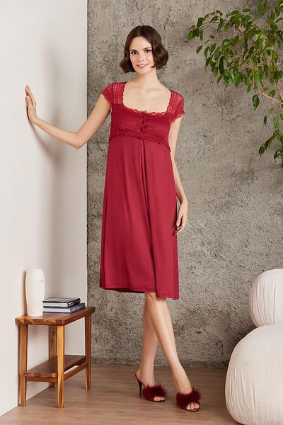 Pierre Cardin Combed Cotton Lace Women's Nightgown and Dressing Gown Set - 4005 Claret Red