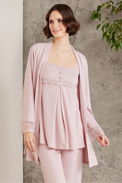 Pierre Cardin Lace Combed Cotton 3-Piece Women's Maternity Pajama Set - 2805