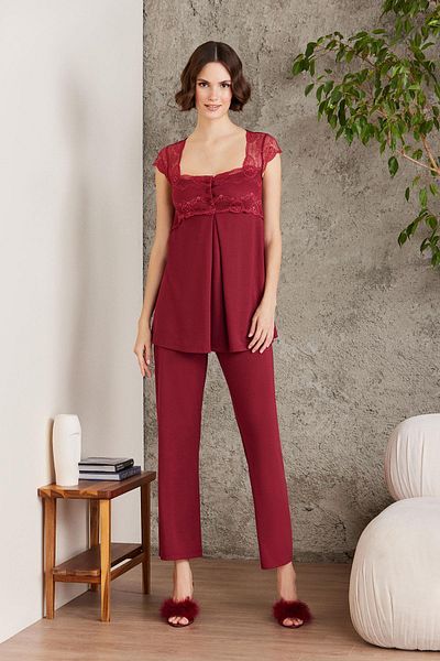Pierre Cardin Lacy Combed Cotton 3-Piece Maternity Pajama Set - 2805 Claret Red