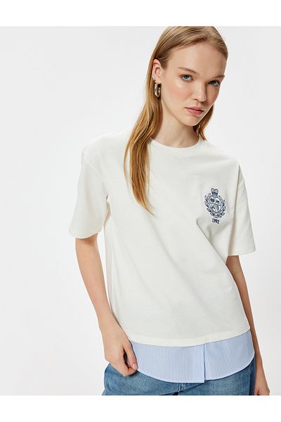 Koton Short Sleeve Crew Neck Fabric College Embroidered T-Shirt