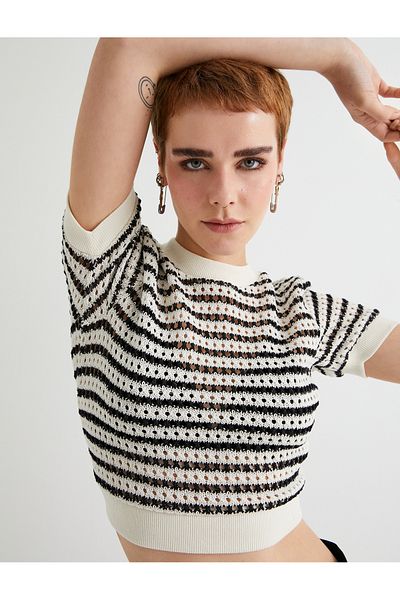 Koton Openwork Short Sleeve Crew Neck T-Shirt