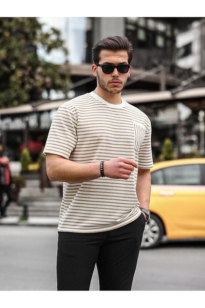Valiberta Crew Neck Single Pocket Striped T-Shirt - Beige