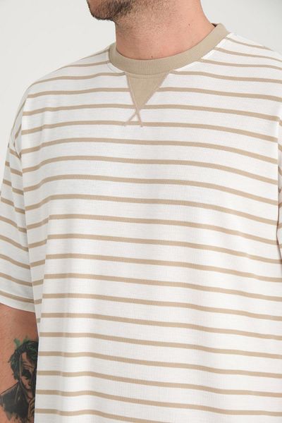 Valiberta Sand Beige Colored Striped Oversize T-Shirt - Envelope Collar Detail
