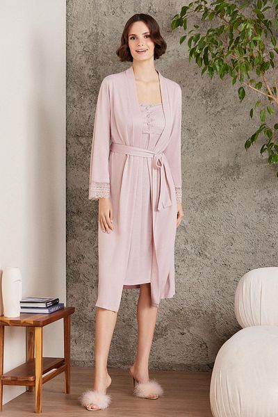 Pierre Cardin Set cămașă de noapte și halat din dantelă din bumbac pieptănat - 4005