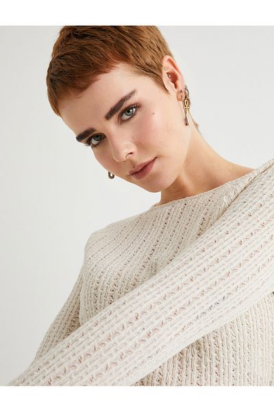 Koton Openwork Crop T-Shirt Long Sleeve Crew Neck Back Tie Detail
