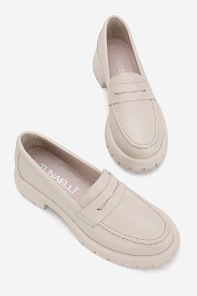 TUNAELLİ KADIN BEJ HAKİKİ DOĞAL DERİ 36-41 NUMARA LOAFER AYAKKABI