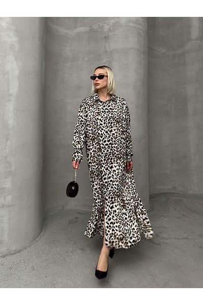 Olcay Leopard Print Side Slit Oversize Dress Brown 9262-E