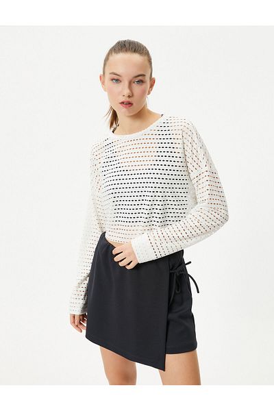 Koton Crop Mesh T-Shirt Αθλητική μακρυμάνικη λαιμόκοψη