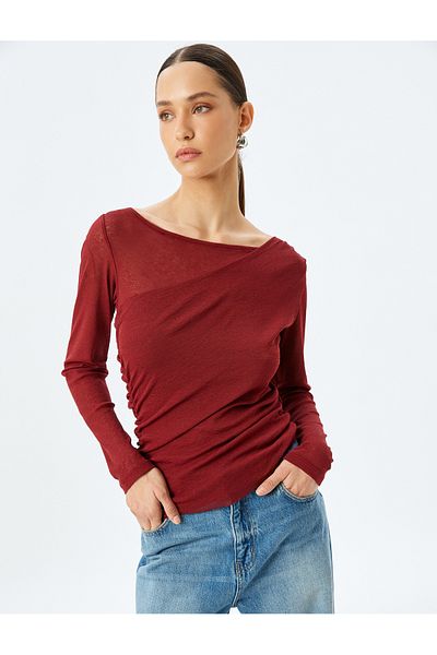 Koton Boat Neck Asymmetrical Floor Detailed Long Sleeve T-Shirt