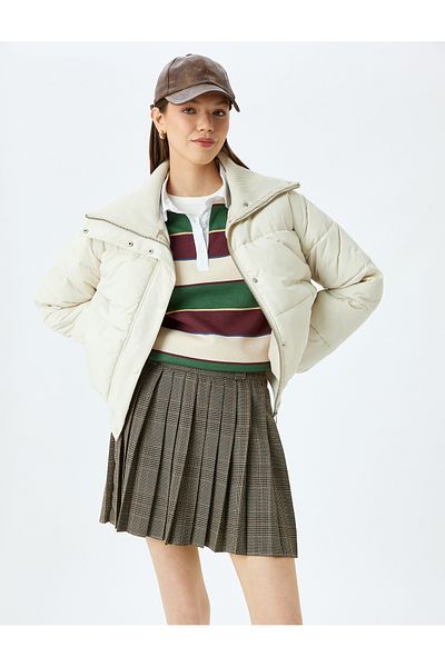 Koton Stand Collar Ribbed Zippered Puffer Jacket with Snap Button Pockets