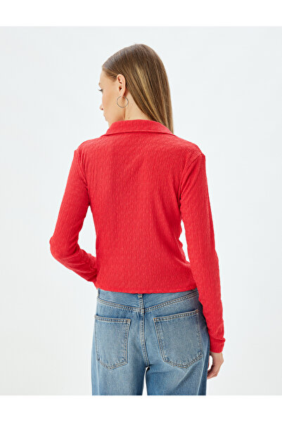 Koton Textured Slim Fit Long Sleeve T-Shirt - Shirt Collar and Button Detail